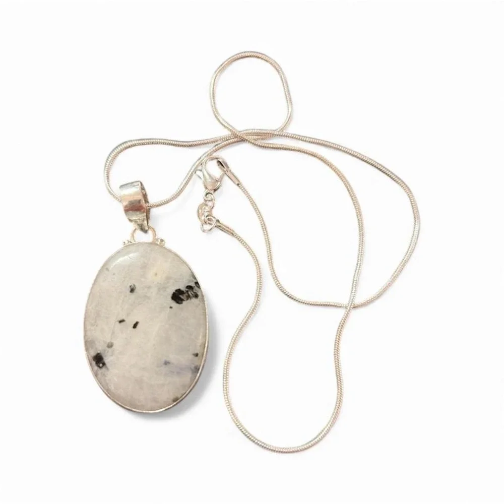 Handcrafted silver plated moonstone pendant with silver plated snake‎ chain